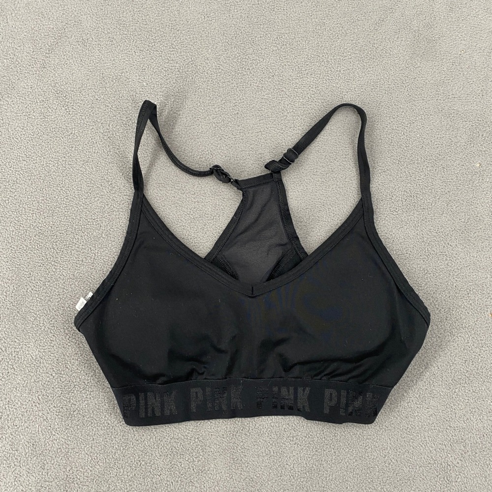 Victoria's Secret PINK Sports Bra Black Racerback Mesh Logo Band Small 5803